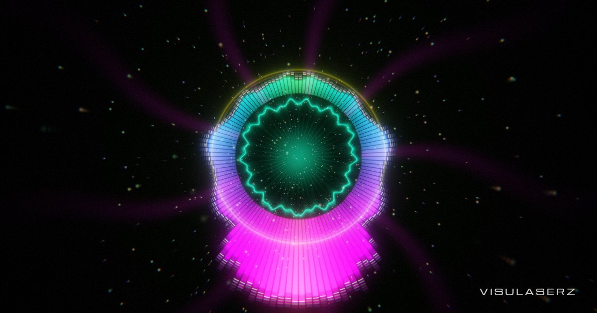 Nova, a Visulaserz music visualizer scene: Radial spectrum bars around a waveform orb; a shockwave fires each beat