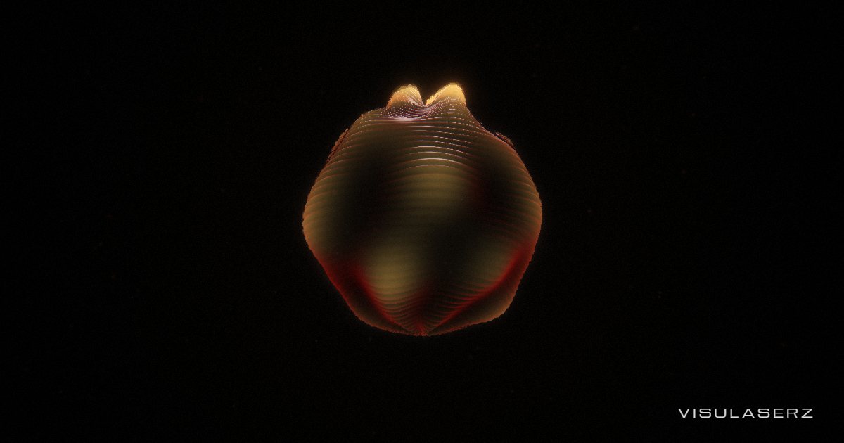 Orb, a Visulaserz music visualizer scene: Ray-marched sphere sprouting spectrum spikes, swelling with the bass