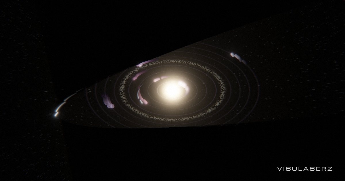 Orrery, a Visulaserz music visualizer scene: Clockwork solar system: each planet is a band, the sun is the bass