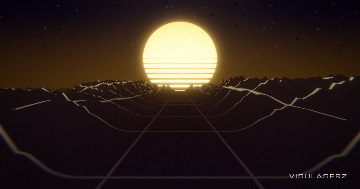Outrun, a Visulaserz music visualizer scene: Neon grid road to a synth sun; hills rise from the spectrum's history
