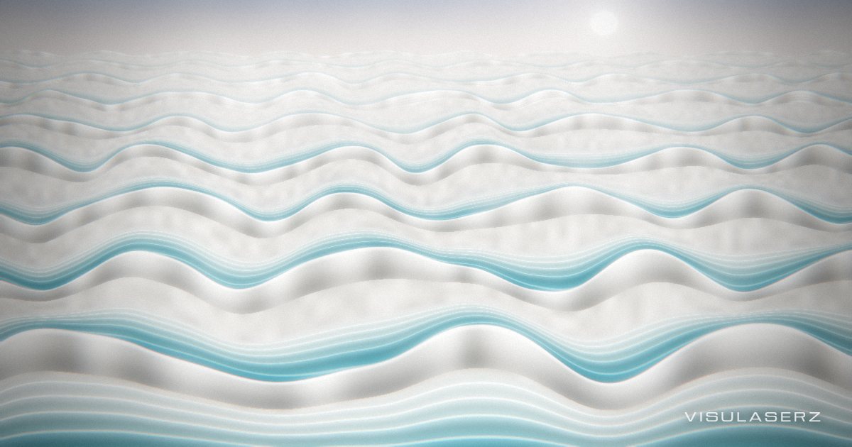 Pamukkale, a Visulaserz music visualizer scene: Travertine terraces stepping downhill; each pool rides its own band, beats send a spill cascading