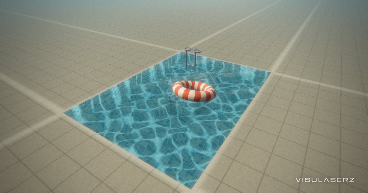 Pool, a Visulaserz music visualizer scene: A tiled three-dimensional pool with refracted caustics, a striped float and bass-driven waves