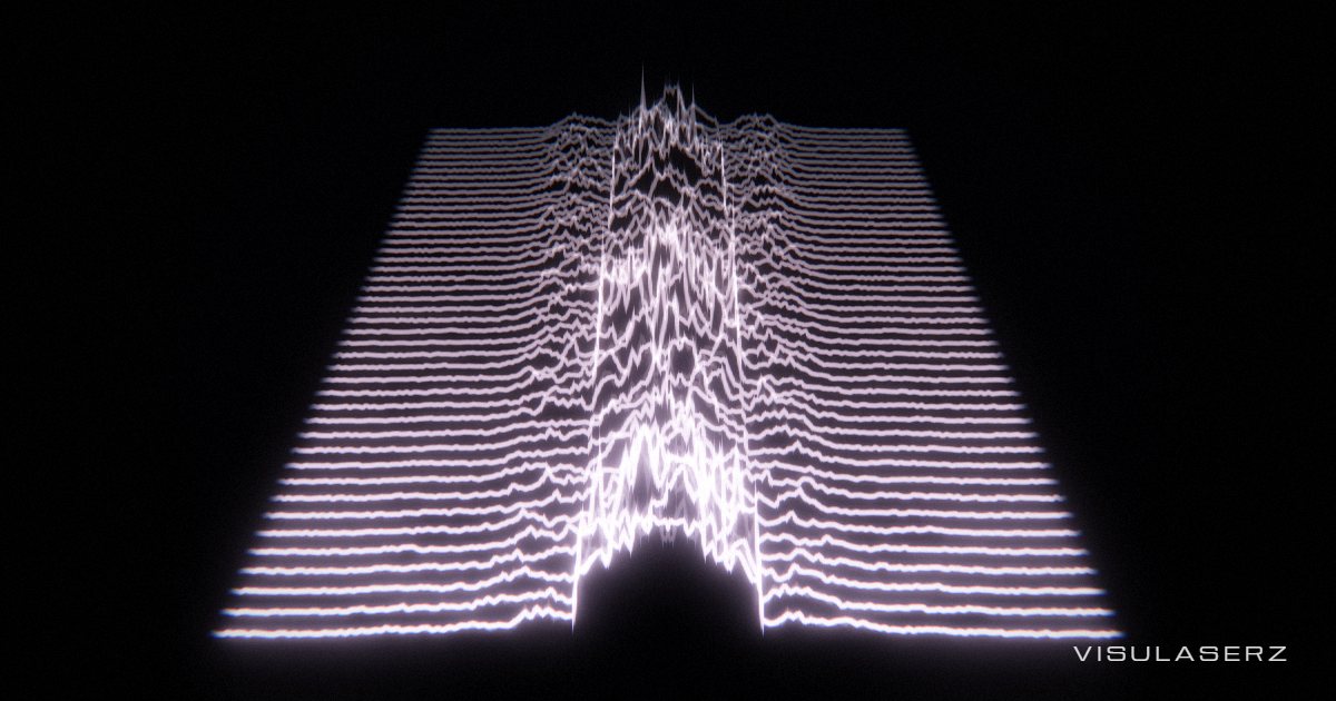 Pulsar, a Visulaserz music visualizer scene: Stacked ridgelines; each drum hit rises in front and rolls into the distance