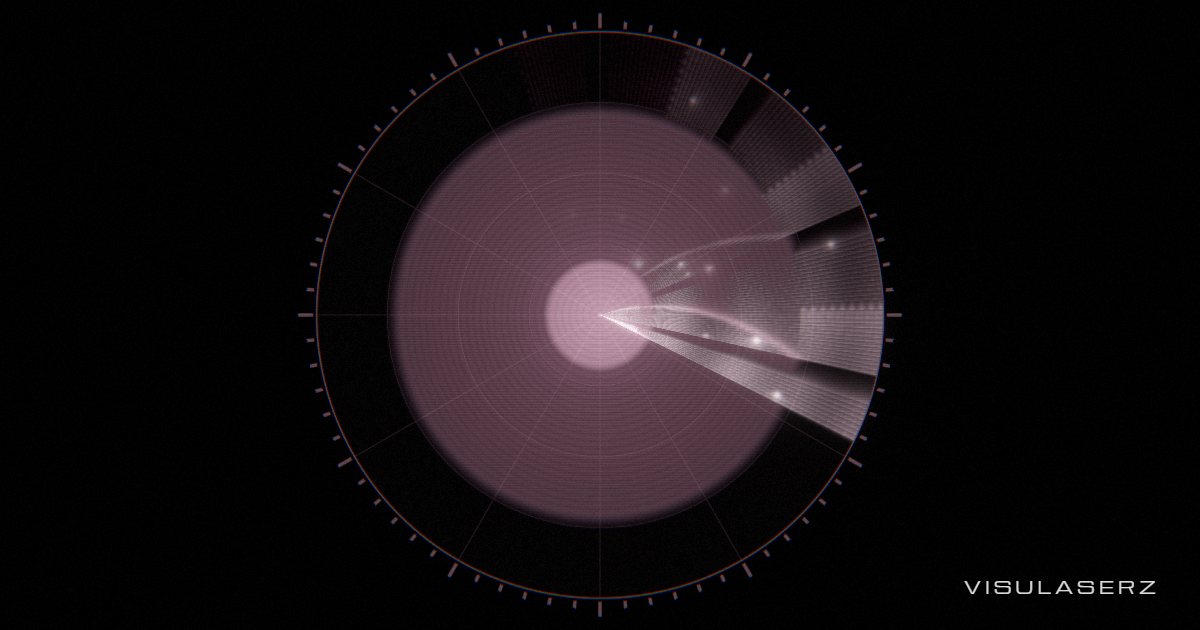 Radar, a Visulaserz music visualizer scene: Phosphor scope sweep paints a polar spectrogram; beats ping sonar rings