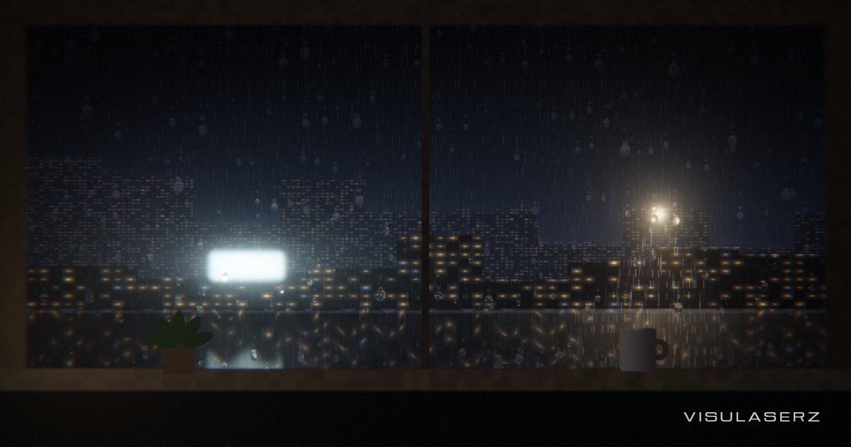 Rain, a Visulaserz music visualizer scene: Rainy city night through a window; bass thickens the rain, lightning strikes