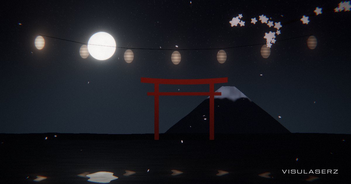 Sakura, a Visulaserz music visualizer scene: Shrine lanterns glow per spectrum band while petals gust on every beat