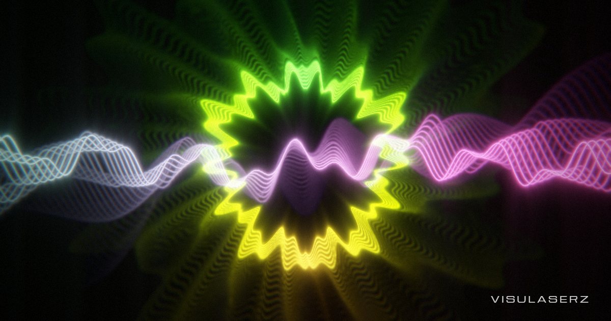 Scope, a Visulaserz music visualizer scene: Oscilloscope trace crossed by a circular waveform ring that flares on beats