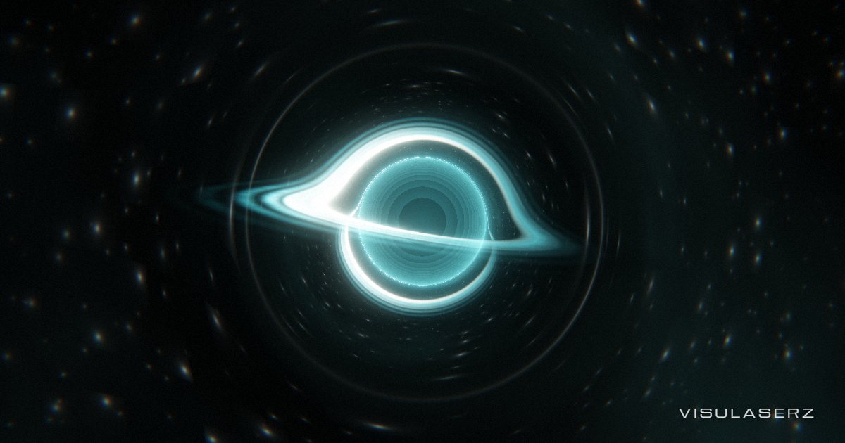 Singularity, a Visulaserz music visualizer scene: Black hole bending starlight; disc radii glow per band, beats ring outward