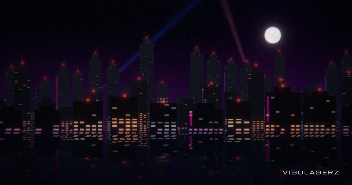 Skyline, a Visulaserz music visualizer scene: Night city whose lit tower floors climb with the spectrum above a river
