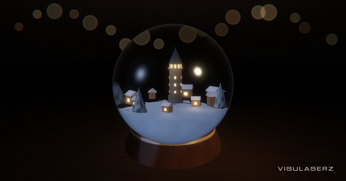 Kar Küresi, a Visulaserz music visualizer scene: A snow globe with a little snowed-in Istanbul inside, the Galata Tower over lit houses; the bass shakes the snow and every beat lifts a ring of it