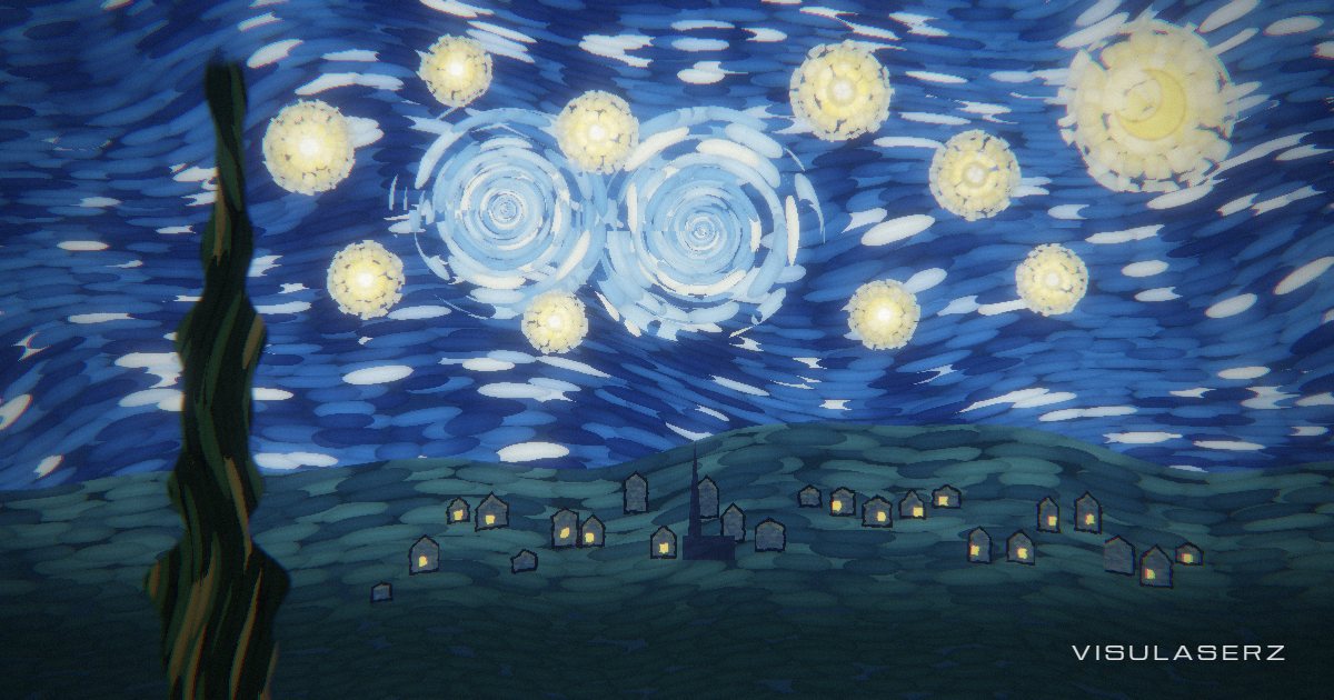 Yıldızlı Gece, a Visulaserz music visualizer scene: A starry night in thick flowing brush strokes, after Van Gogh: the sky winds round a double spiral and every star throws rings of light on the beat