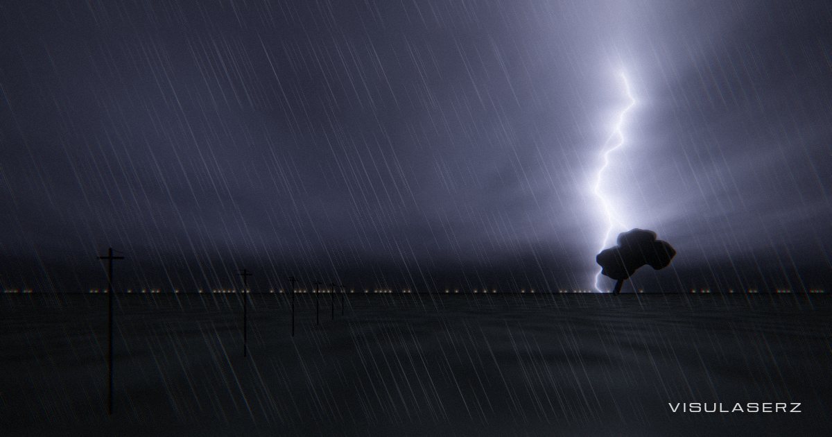 Storm, a Visulaserz music visualizer scene: Thunderstorm over open country; branching bolts strike every second beat