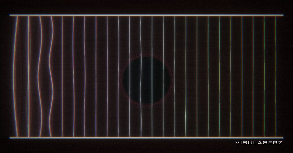 Strings, a Visulaserz music visualizer scene: Twenty-four strings blurred into standing waves, bass at the left