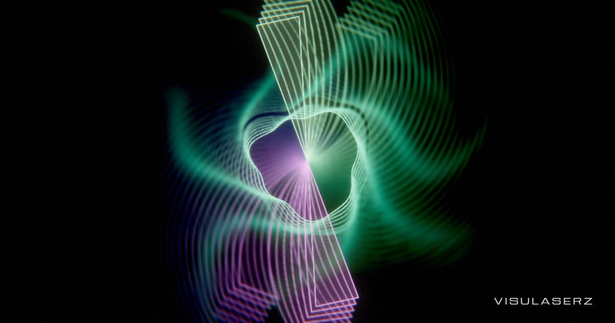 Superscope, a Visulaserz music visualizer scene: Winamp’s AVS: Bass Spin, Oscilloscope Star, superscopes and hard wipes between presets, sharp lines on black