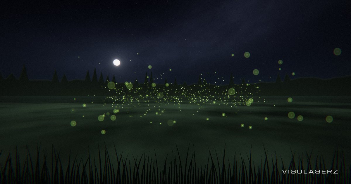 Synchrony, a Visulaserz music visualizer scene: Fireflies that fall into step: the louder the song, the more of them flash on the beat