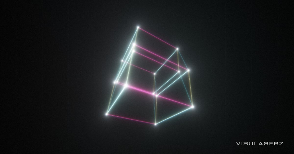 Tesseract, a Visulaserz music visualizer scene: A four-dimensional cube turning inside out; corners spark on the beat