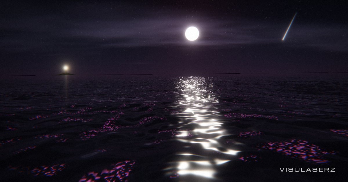 Tide, a Visulaserz music visualizer scene: Moonlit open sea; bass lifts the swell and plankton glows on every beat