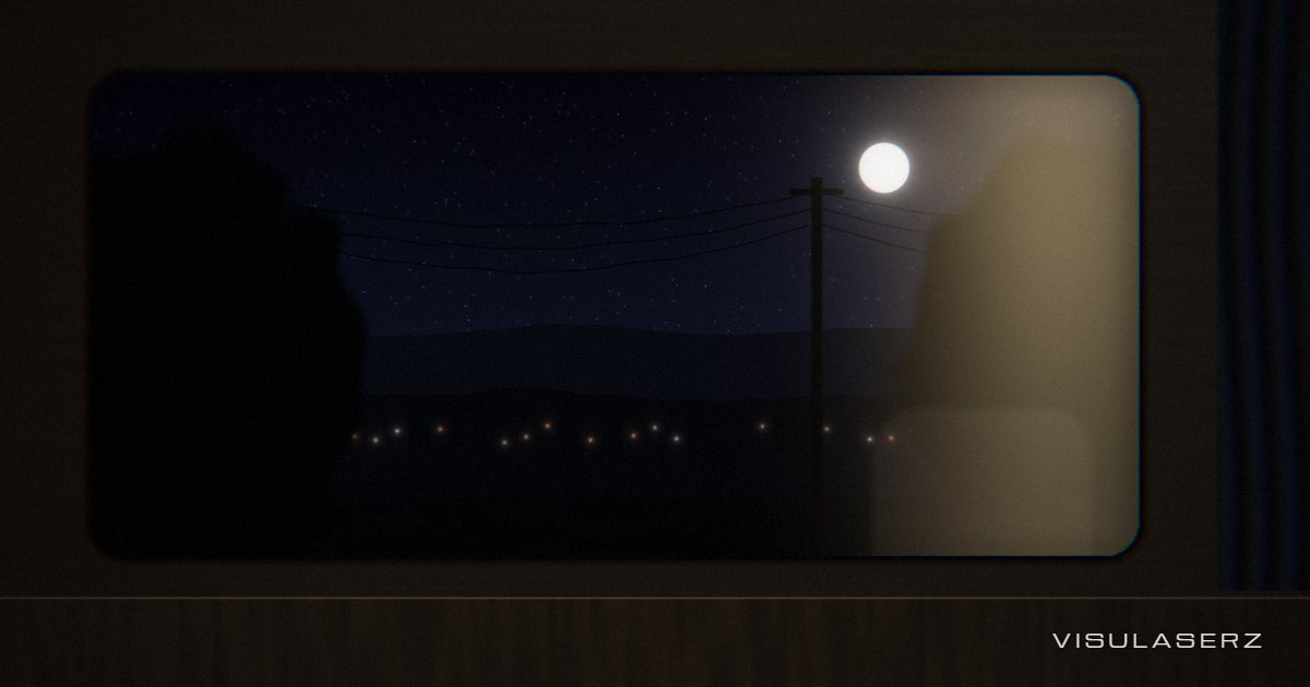 Train, a Visulaserz music visualizer scene: Night train window: beat lamps sweep past, the wires carry the waveform