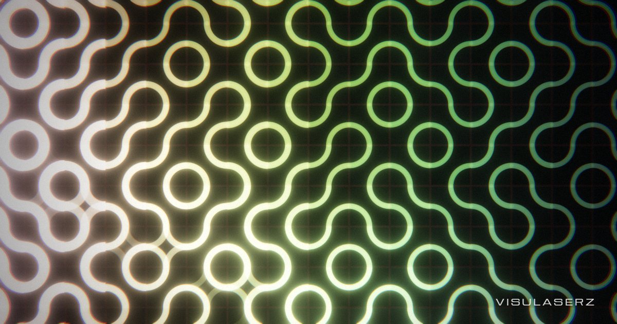 Truchet, a Visulaserz music visualizer scene: Interlocking arc tiles; every column is one band, beats flip a diagonal wave and re-route the loops