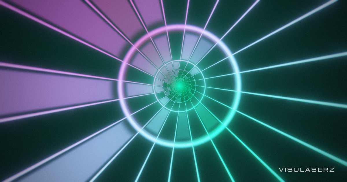 Tunnel, a Visulaserz music visualizer scene: Panelled tunnel lit by the spectrum; a light ring races down on each beat
