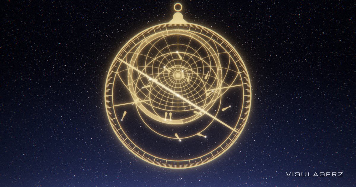 Usturlap, a Visulaserz music visualizer scene: A golden astrolabe hung in the night, as at Samarkand: each sign of its zodiac ring lights with a band, and every beat swings the rule to a new star