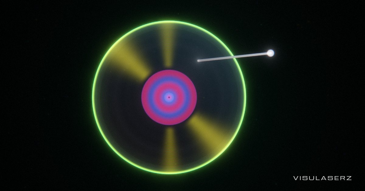 Vinyl, a Visulaserz music visualizer scene: Spinning record whose grooves glow with the spectrum; sheen jumps on beats