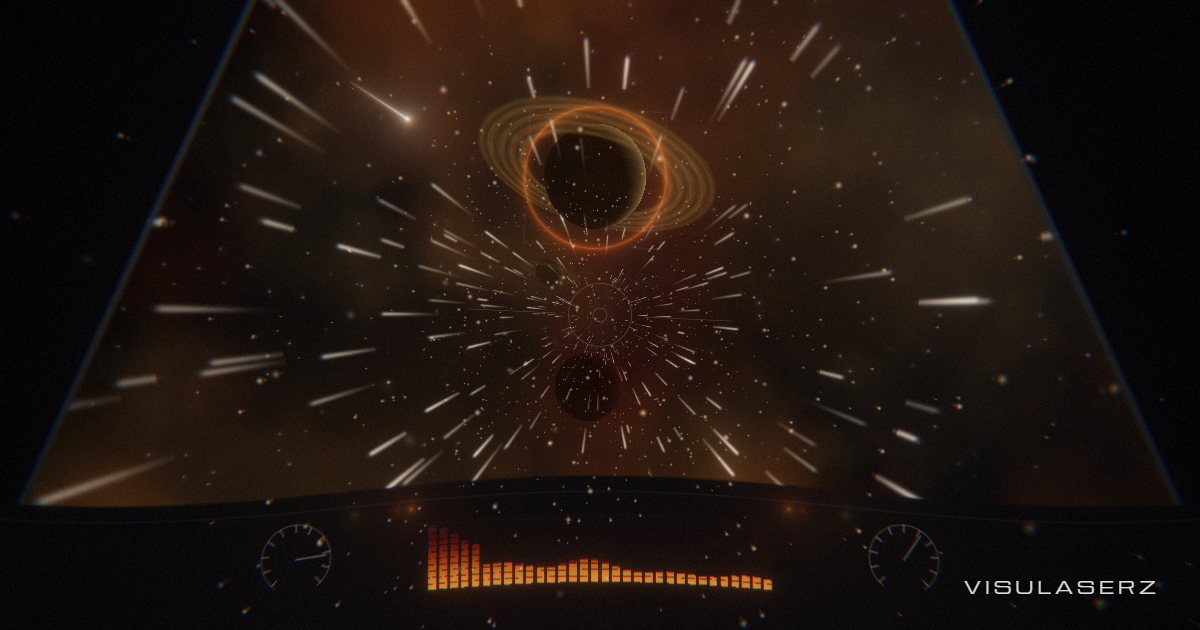 Voyage, a Visulaserz music visualizer scene: Cockpit view of deep space; stars streak with the bass, hyperspace every 16 beats