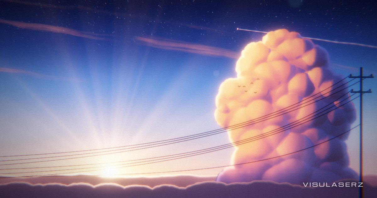 Yaz Akşamı, a Visulaserz music visualizer scene: A summer evening like an animated film: a great tower of cloud burning orange in the setting sun, a glowing contrail, the first stars, and summer lightning on the beat