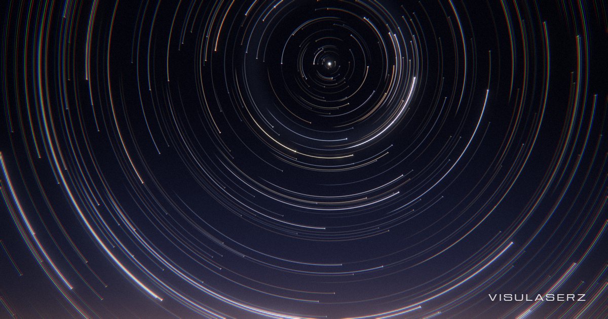 Yıldız İzleri, a Visulaserz music visualizer scene: Star trails round the pole star: the louder the song, the longer the exposure, the rings light zone by zone, and every beat sends a ring of light across them